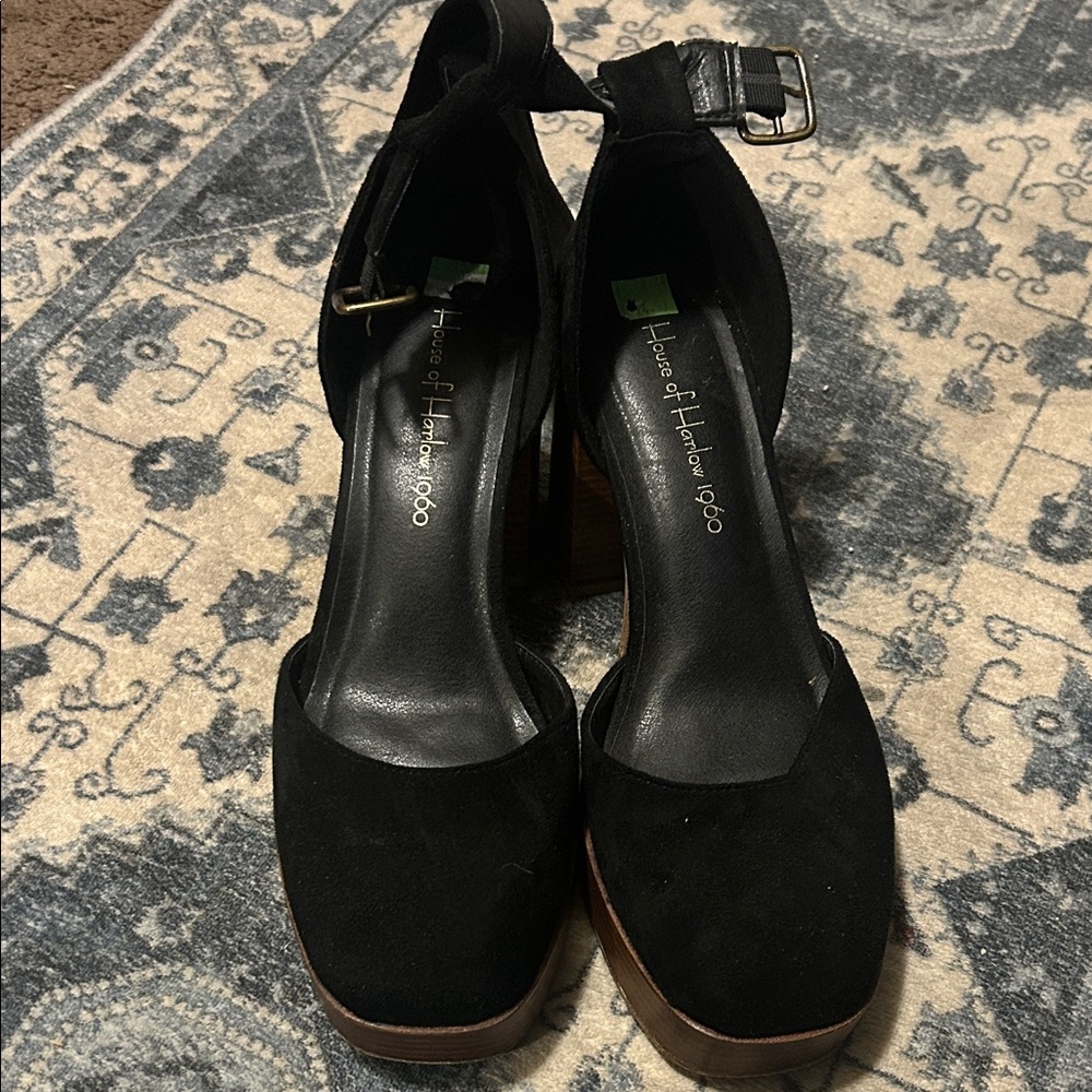 House of Harlow 1960 Black Suede Platform Ankle-Strap Heels